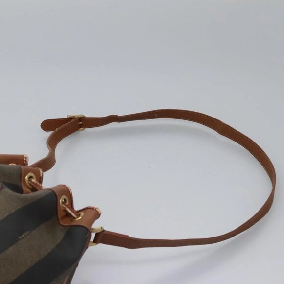 FENDI Pecan Canvas Shoulder Bag PVC Brown Black gold Auth yk18186 - Picture 9 of 16